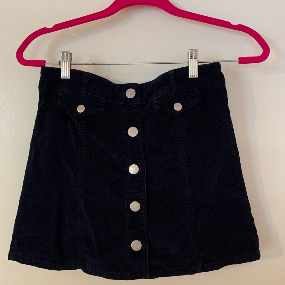 High-Waisted Navy Corduroy Button-up Skirt